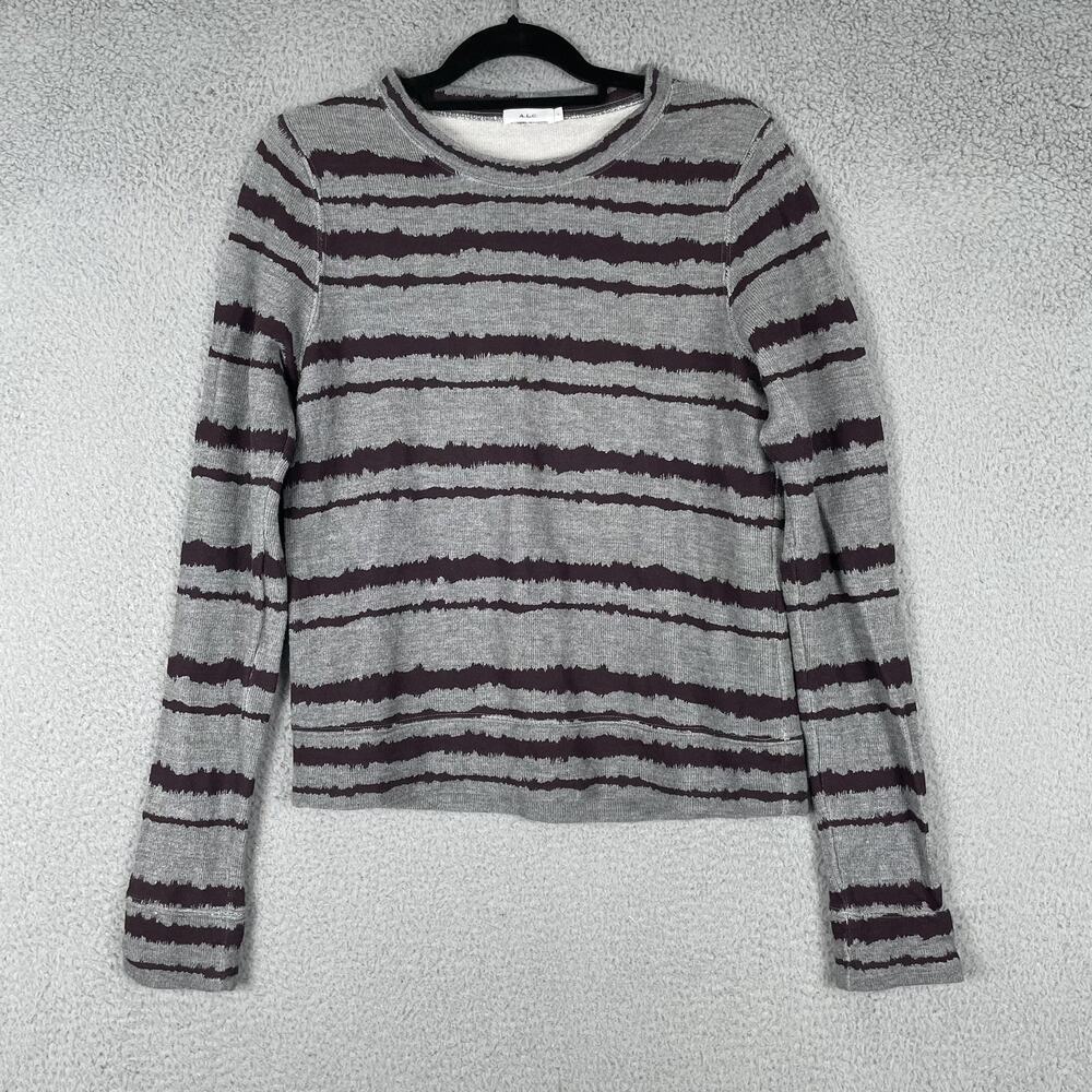 A.L.C. Sweater Womens Large Gray Black Striped Long Sleeve Pullover Made USA